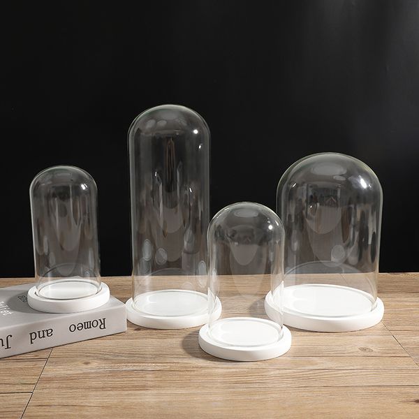 3pcs Ebedi Çiçek Cam Ekran Dome Cloche, Beyaz Ahşap Kaide Çan Jar Cloche ile Sevgililer Günü Anneler Günü Çiçek Dekorasyonları El Sanatları