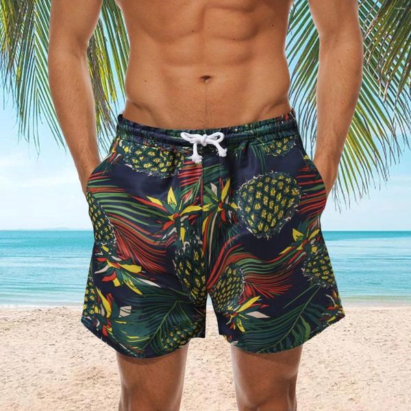 Shorts masculinos boêmio fruta impressão completa roupa de banho na moda cordão duplo bolso troncos verão praia férias