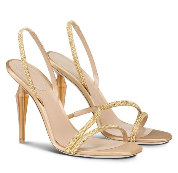 Marca de luxo de verão Renecaovilla Mulheres Sandálias Sapatos Cleo Stone Vestido de Noite Lady Gladiator Sandalias Strppy Diamond Crystal Heels Glitter Walking EU35-43