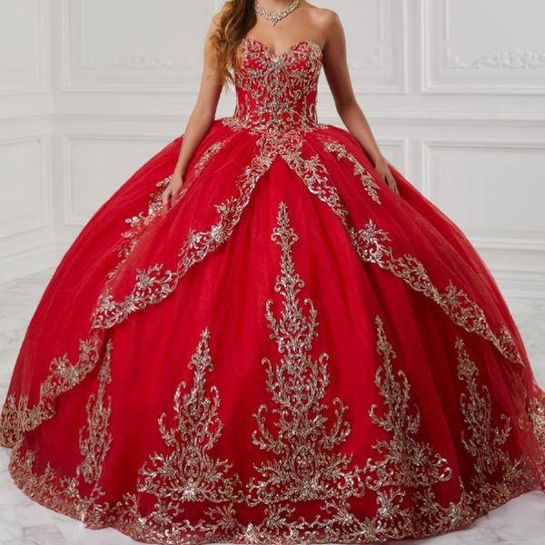 Roter Schatz Ballkleid Quinceanera Kleider Gold Applikationen Spitze Tull von der Schulter Korset Vestidos de Anos