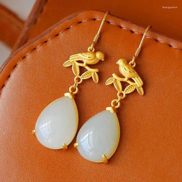 Orecchini pendenti in argento naturale con calcedonio bianco con goccia in stile cinese retrò unici gioielli da donna con fascino artigianale in oro antico