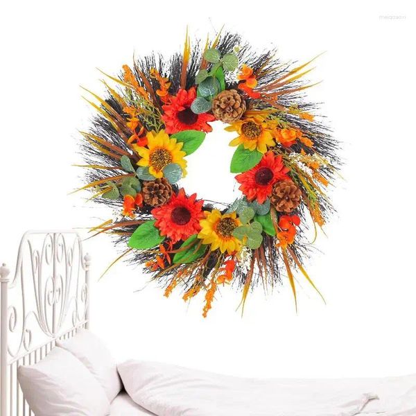 Ghirlanda di fiori decorativi per porta d'ingresso, ghirlanda di pigne di girasole artificiale con tutte le stagioni per interni ed esterni