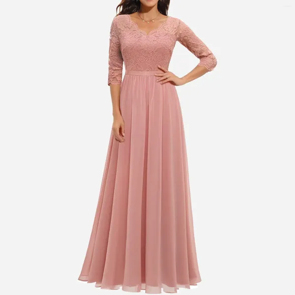 Abiti casual Donna Elegante maxi abito da sera lungo da sposa tinta unita pizzo scollo a V manica lunga giuntura vita sottile damigella d'onore femminile