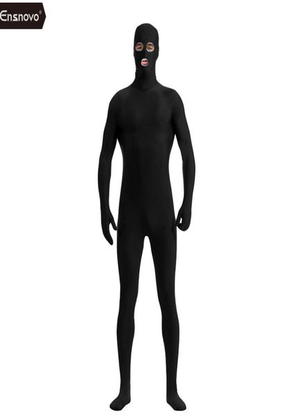 Ensnovo Uomo Zentai Suit Spandex Nylon Lycra Nero Corpo intero Seconda pelle Tuta attillata Occhi aperti Bocca Costume cosplay Nero Zentai5402602