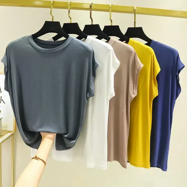 Camisetas femininas modal em torno do pescoço tshirt mulheres sem mangas roupas para o verão fino solto camisa de fundo cor sólida