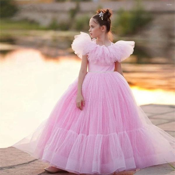 Vestidos de menina inchados malha vestido de baile festa crianças camadas pano flor arco nó vestido de princesa para aniversário