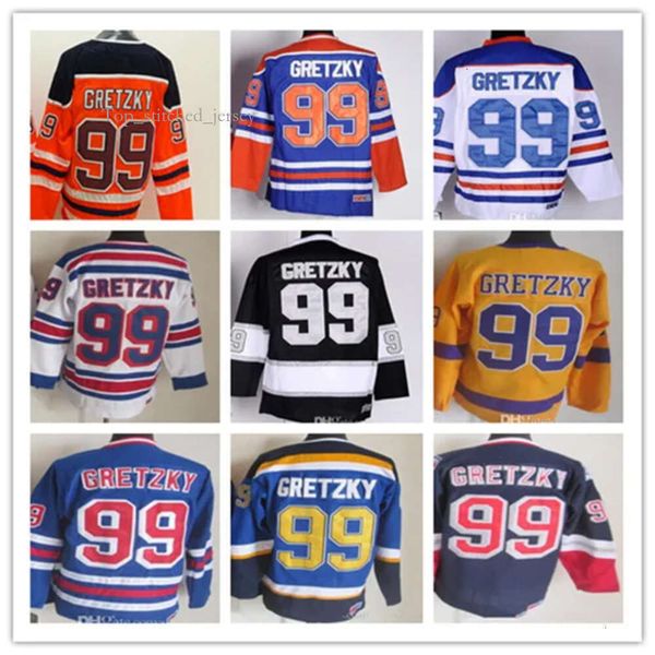 Top Man 99 Wayne Gretzky Maglia da hockey vintage Nero Bianco Blu navy Giallo Viola Arancione Ricamo alternativo Uniformi traspiranti 3026