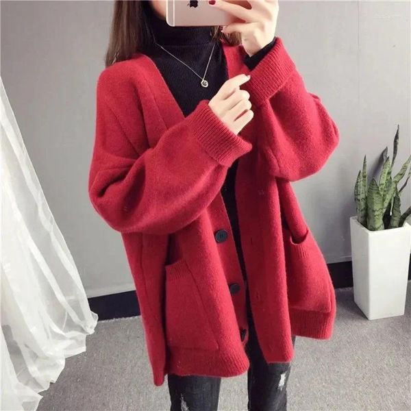 Frauen Strick Mode Lose V-ausschnitt Kaschmir Strickjacke Frauen Weihnachten Rot Pullover Mantel Weibliche Lange Hülse Taste Tasche Strickwaren