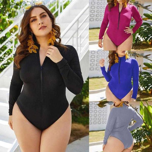 Kadın Mayo Kadın Yaz Yüzme Uzun Kollu Üçgen Onesie Büyük boy göbek kaplı Highwaist Fermuar Yük atıcıları Playsuits Mysuits 6ofq