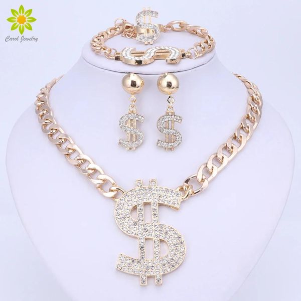 Girocolli color oro Hip Hop Bling Bling Set di gioielli con ciondolo simbolo del dollaro Dollaro con ciondolo con strass Collana Orecchini Bracciale ad anello