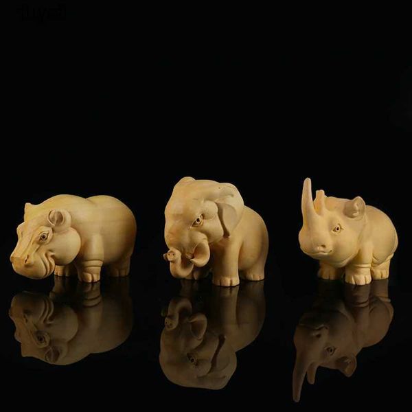 Arti e mestieri Elefante Figurina Bosso intagliato Rinoceronte Ippopotamo Artigianato Animali Intaglio del legno Artigianato Ornamenti Statua Scultura GY13 YQ240119