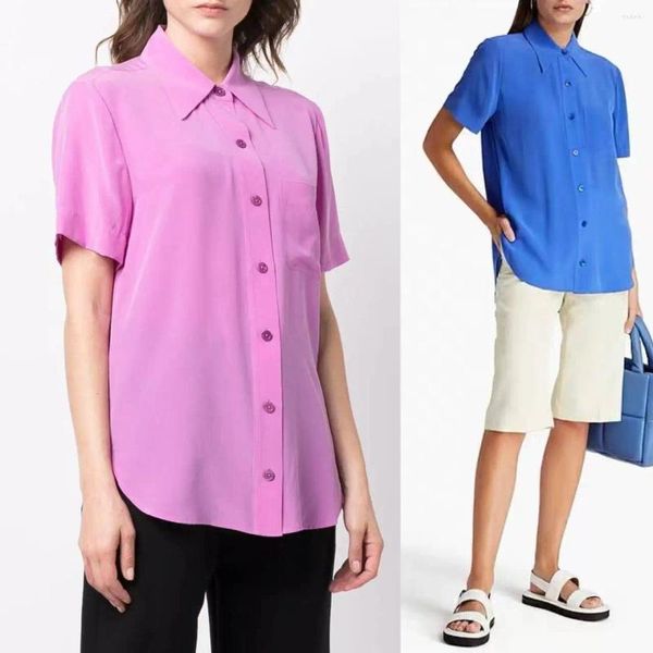 Blusas femininas 2024 verão feminino um bolso blusa de seda cor sólida manga curta único breasted feminino turn-down colarinho camisa