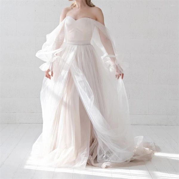 Abiti da festa Dritto Elegante Abito da sposa in tulle con spalle scoperte Corsetto maniche lunghe Indietro Allacciatura fino al pavimento Cascading per abito da sposa