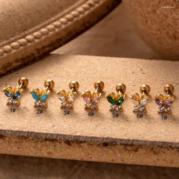 Ohrstecker 1 Stück Edelstahl Schraubkugel mit farbigem Zirkon Mini Schmetterling Knorpel Mode Piercing Schmuck für Frauen