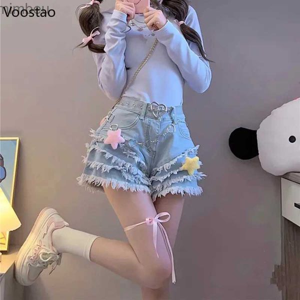 Kadın şortları tatlı lolita tarzı denim şort kızlar yaz Japon harajuku punk yüksek bel kısa pantolon kadınlar rahat katmanlı püsküller jeansl240119