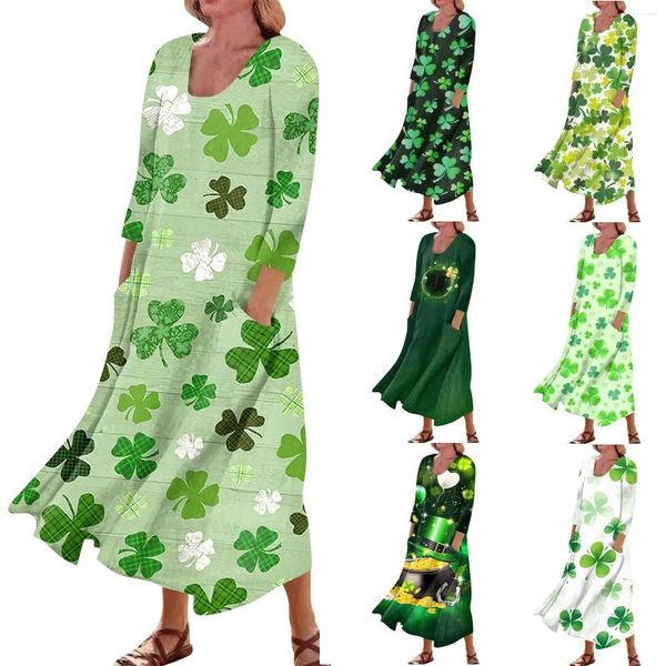 Freizeitkleider Damen Bequemes St. Patrick's Day-Druck Dreiviertelärmel Baumwolltaschenkleid Elegantes, vielseitiges Vestido