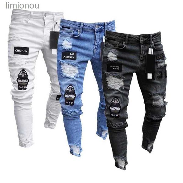 Jeans masculinos bordados brancos jeans homens algodão elástico rasgado jeans skinny de alta qualidade hip hop buraco preto slim fit calças jeans de tamanho grande l240119