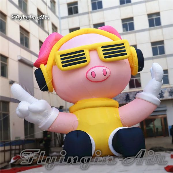 Atacado grande publicidade inflável dj porco balão concerto decorações de palco ar explodir dos desenhos animados animal mascote rosa piggy com headphon