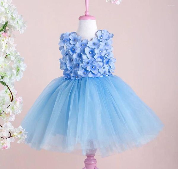 Vestidos florais de tule azul para meninas, vestido infantil com gola redonda para ocasiões especiais, roupa artesanal de princesa tutu