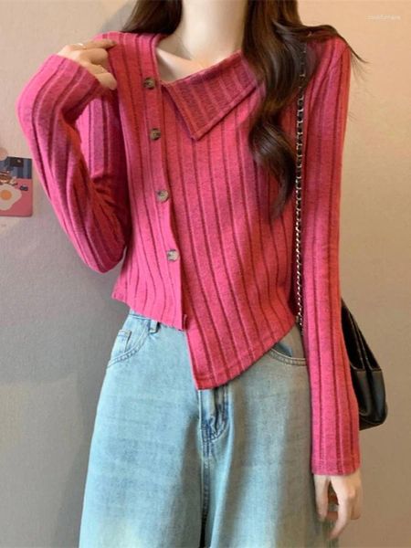 Kadın Sweaters Gül Pembe Uzun Kollu Örme Gömlek Sonbahar ve Kış Niş Şık İnce iç çamaşırı Kısa Düzensiz Üst