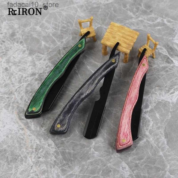 Barbeadores elétricos RIRON Barber Shaving Trimmer Punho de madeira Manual Dobrável Cabelo Barba Shaver Men's Straight Edge Razor Lâmina Substituível Q240119