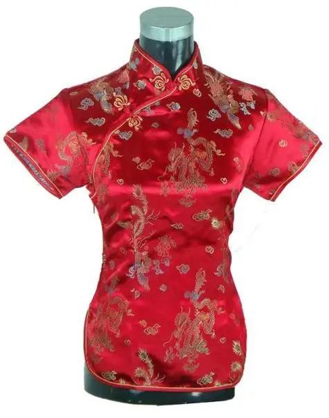 Capris verão manga curta vermelha camisa feminina topos senhora chinesa tradicional cetim blusa de seda novidade dragão roupas s m l xl xxl ws005