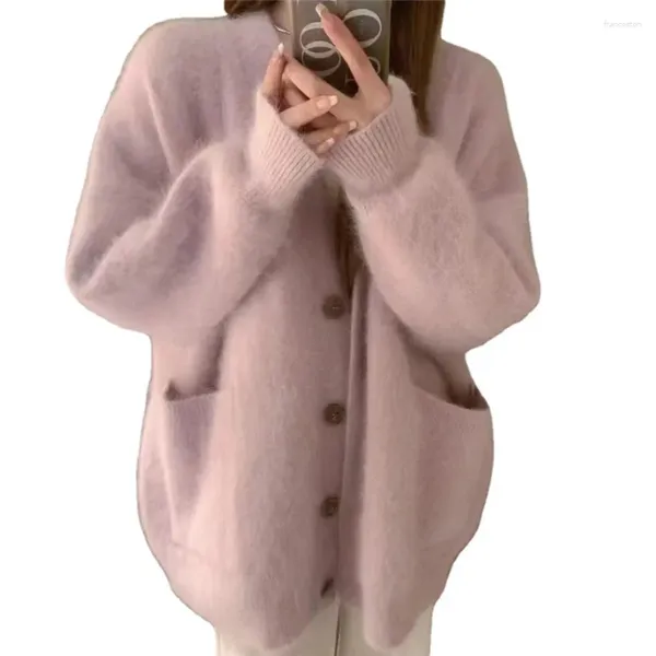 Malhas femininas 2024 coreano mink cashmere cardigan único breasted mulheres de malha rosa camisola outono inverno oversize malhas soltas casuais