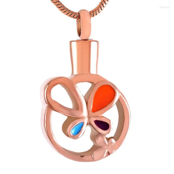 Catene IJD9241 Collana con urna crematoria in acciaio inossidabile Ciondolo commemorativo a forma rotonda con farfalla vuota