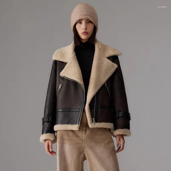 Couro feminino de luxo importado pele merino integrado jaqueta inverno curto cintura alta quente motocicleta genuíno casaco pele cordeiro