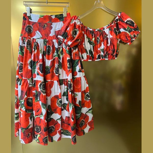 Vestido feminino de duas peças de algodão com estampa de anêmona do mar vermelho, gola redonda, manga curta, top midi, saia evasê