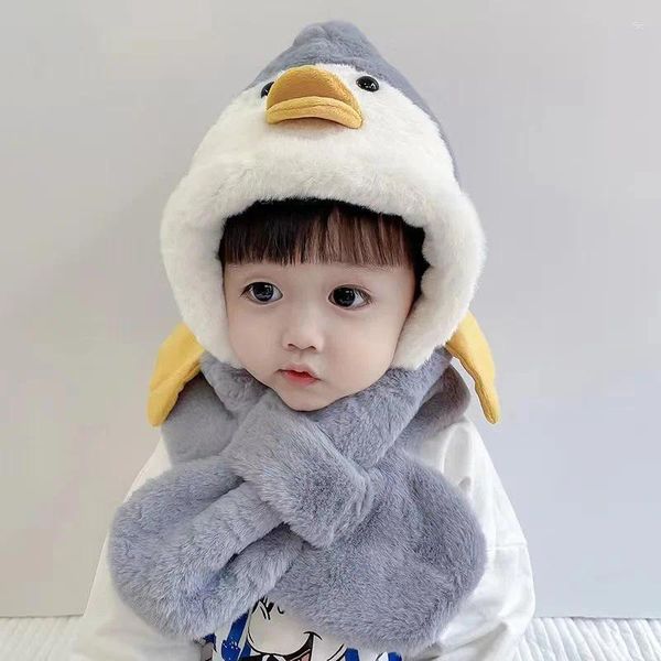 Банданы, детская шапка, милый зимний детский шарф с мультяшной подкладкой, детский теплый комплект с бархатной подкладкой и капюшоном в виде пингвина, От 1 до 6 лет