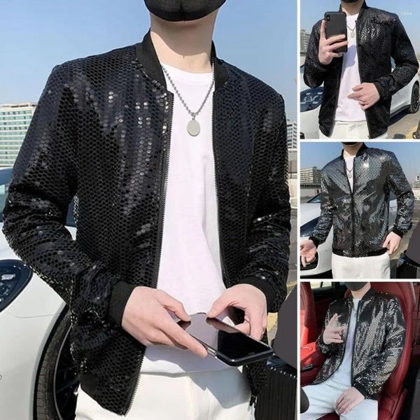 Jaquetas masculinas homens casaco moda uniforme de beisebol estilo lantejoulas jaqueta gola fina para clube palco streetwear