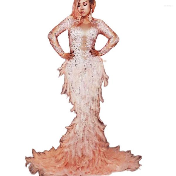 Abbigliamento da palco Abiti di piume rosa Strass scintillanti Abito lungo a coda di pesce da donna Costume da ballo per spettacoli da discoteca Elegante