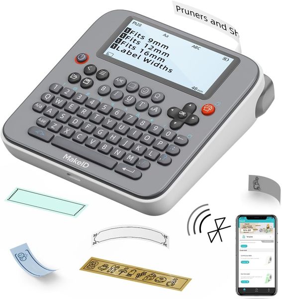 Makeid Label Maker E1 - Etichettatrice ricaricabile Bluetooth - Etichettatrice con tastiera QWERTY, Schermo LCD retroilluminato da 3,4