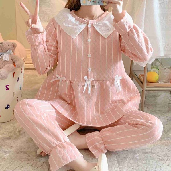 Sleep Lounge Moda Impressão Pijama de Maternidade Ternos para Inverno Grosso Quente Pós-parto Mulheres Noite Desgaste Doce Renda Nursinf Top Calças Twinsetn240119