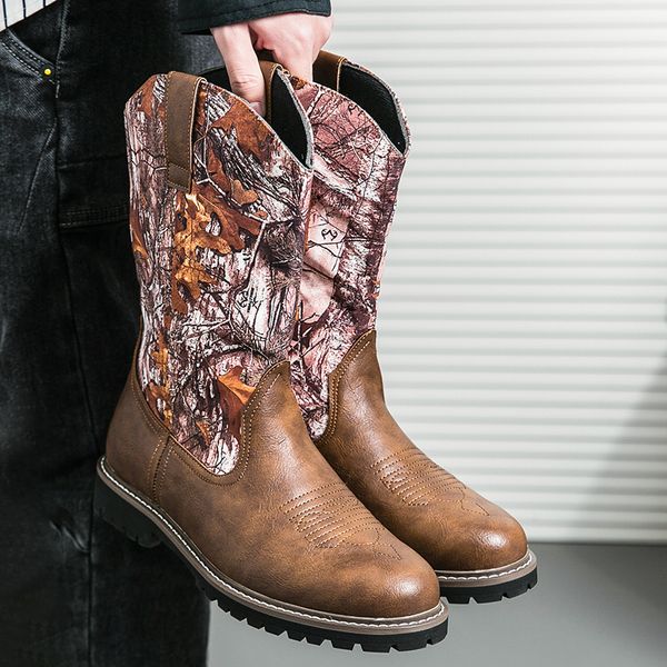 Botas masculinas de cano alto com estilo europeu e americano, folhas graffiti, botas de cowboy ocidentais para motocicleta