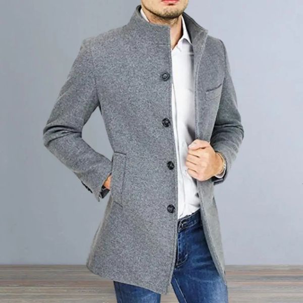 Casaco longo de algodão masculino outono inverno lã mistura cor pura casual negócios moda fino blusão jaqueta roupas masculinas 240118