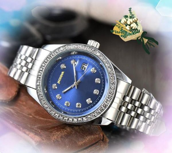 Casal Amante Mulheres Mens Relógios Quartz Bateria Movimento Relógio Três Pinos Presidente Popular Cheio de Diamantes Anel Corrente Pulseira Relógio Montre De Luxe Presentes