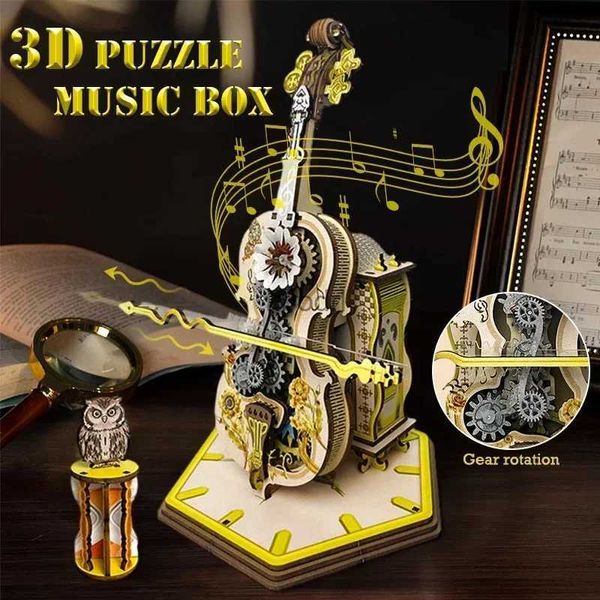 Ferramentas artesanais Magic Cello Music Box3D Puzzle de madeira Kit de caixa de música mecânica com baseHandmade DIY ToysPresente de aniversário para crianças Homens Mulheres YQ240119