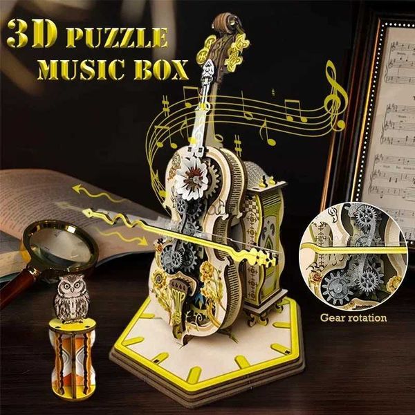 Strumenti artigianali Carillon magico per violoncello Puzzle in legno 3D Kit carillon meccanico con baseGiocattoli fai da te fatti a manoRegalo di compleanno per bambini Uomini Donne YQ240119