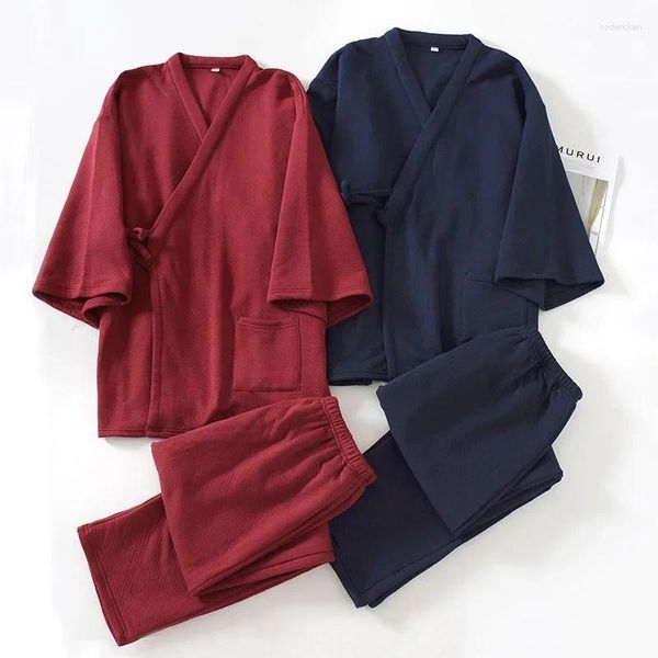 Roupas étnicas Inverno Japonês Homens Kimono Pijama Conjunto de Algodão Camada de Ar Espessamento Calças Serviço Doméstico Terno de Duas Peças Yukata Pijama