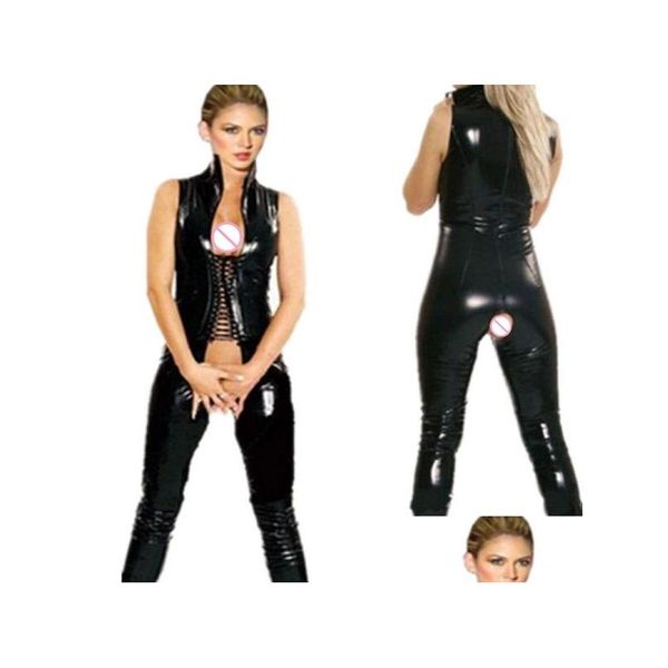 Damen Jumpsuits Strampler Damen Jumpsuits Y PVC Latex Catsuit Erotische Clubwear Kunstleder Overall mit offenem Schritt Dessous Fetisch Bo Dhfam