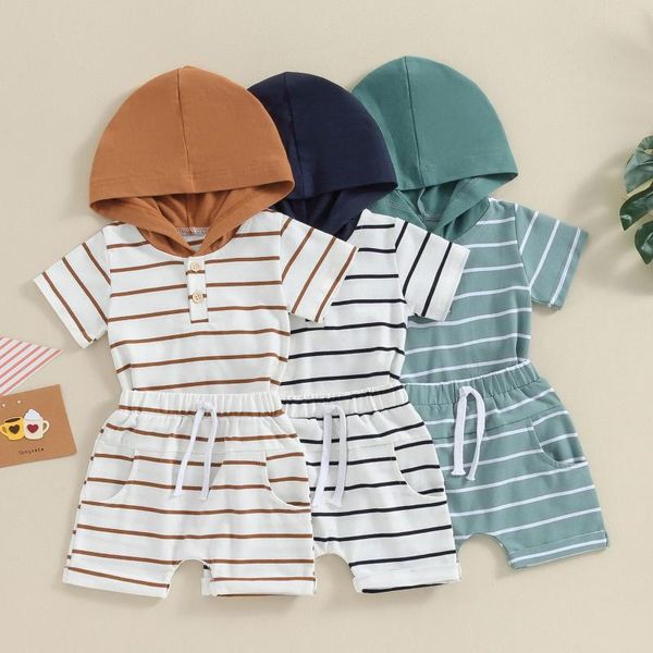 Giyim Setleri Pudcoco Bebek Erkek Bebek Yaz Giysileri Stripe Baskı Kısa Kollu Kaput Tişört Elastik Bel Şortları 2 PCS Kıyafet 0-3
