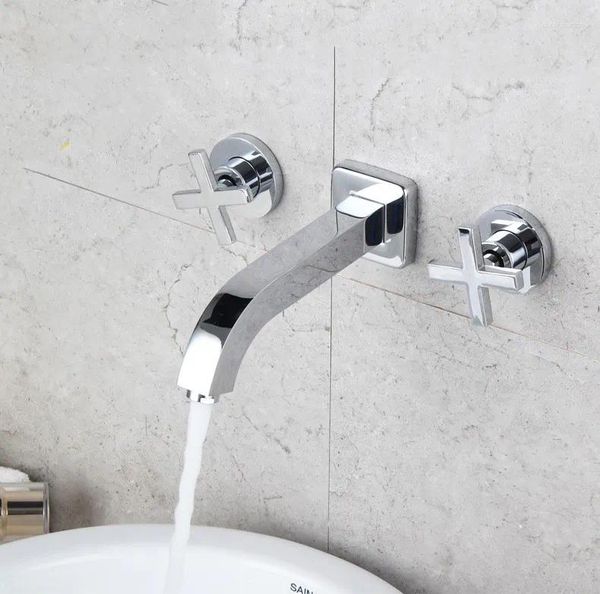 Rubinetti per lavandino del bagno Rubinetto a parete in ottone cromato Lavabo per acqua fredda Rubinetto a due maniglie di alta qualità