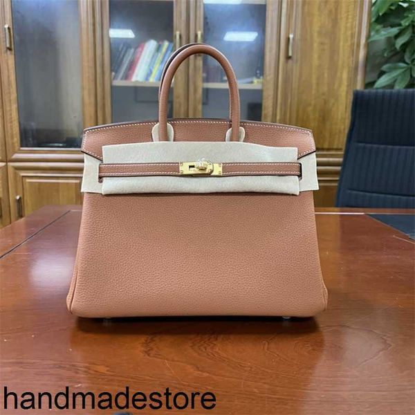 Borsa in platino Designer Pelle Cucita a mano Filo di cera di miele Home Togo Pelle di vitello Marrone dorato chiaro Borsa da donna con fibbia Logo originale