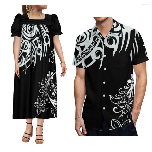 Lässige Kleider Hohe Qualität Mikronesien Tribal Print Benutzerdefinierte Muumuu Elegantes Damen-Kleid mit quadratischem Ausschnitt und Herrenhemd-Paaranzug