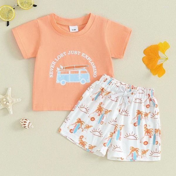 Kleidungssets 2pcs Baby Boy Girl Sommer-Outfit Strandstil Buchstabe Bus Print Crew Nacken Kurzarm T-Shirts Tops Shorts Casual Clothet Set Set