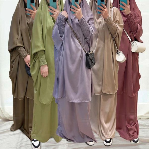 Roupas étnicas 2024 Ramadan Eid Mulheres Muçulmanas Longo Khimar Caftan Oração Vestuário 2 Peça Set Niqab Saia Hijab Vestido Abaya Robe Islâmico