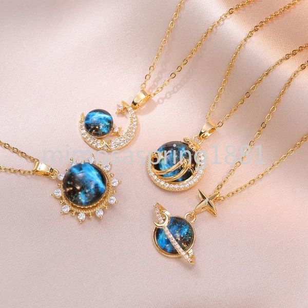 Regenbogen Blau Opal Halsketten Für Frauen Gold Silber Farbe Harz Zirkon Planet Stern Anhänger Edelstahl Schlüsselbein Halskette Schmuck CZ