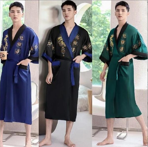 Heißer Verkauf Neue Chinesische Stil Männer Frauen Hohe Qualität doppelseitigen Satin Tang Nachthemd Gestickte Drachen Hause Bademantel Pyjamas